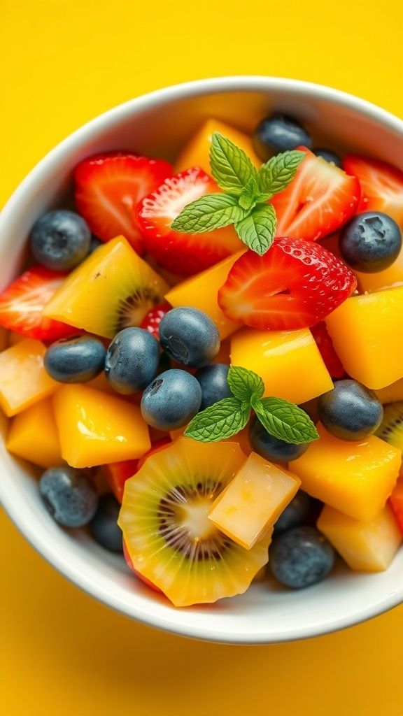 A vibrant fruit salad with strawberries, mango, kiwi, blueberries, and pineapple, garnished with mint leaves.